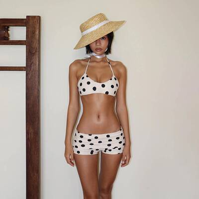 Retro Polka Dot TwoPiece Set with Halter Neck Vest and