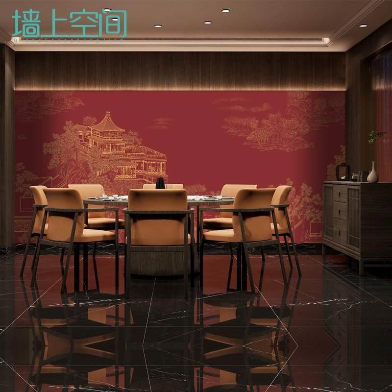 新中式饭店会所包间壁纸山水阁楼茶室棋牌室沙发卧室壁纸壁画 画