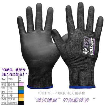 BullsEye18针超薄防割3级防护作业手套PU浸胶透气可触屏精密操作