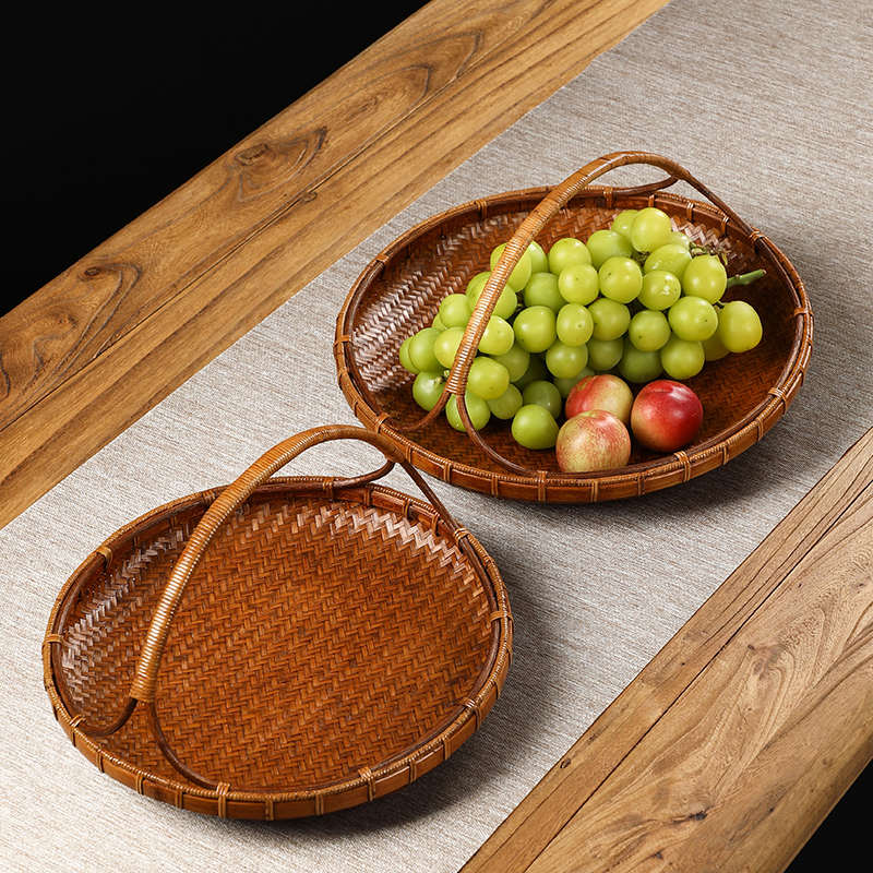 竹编果篮复古中式家用圆形水果盘 带提手收纳筐干果盘托盘馒头