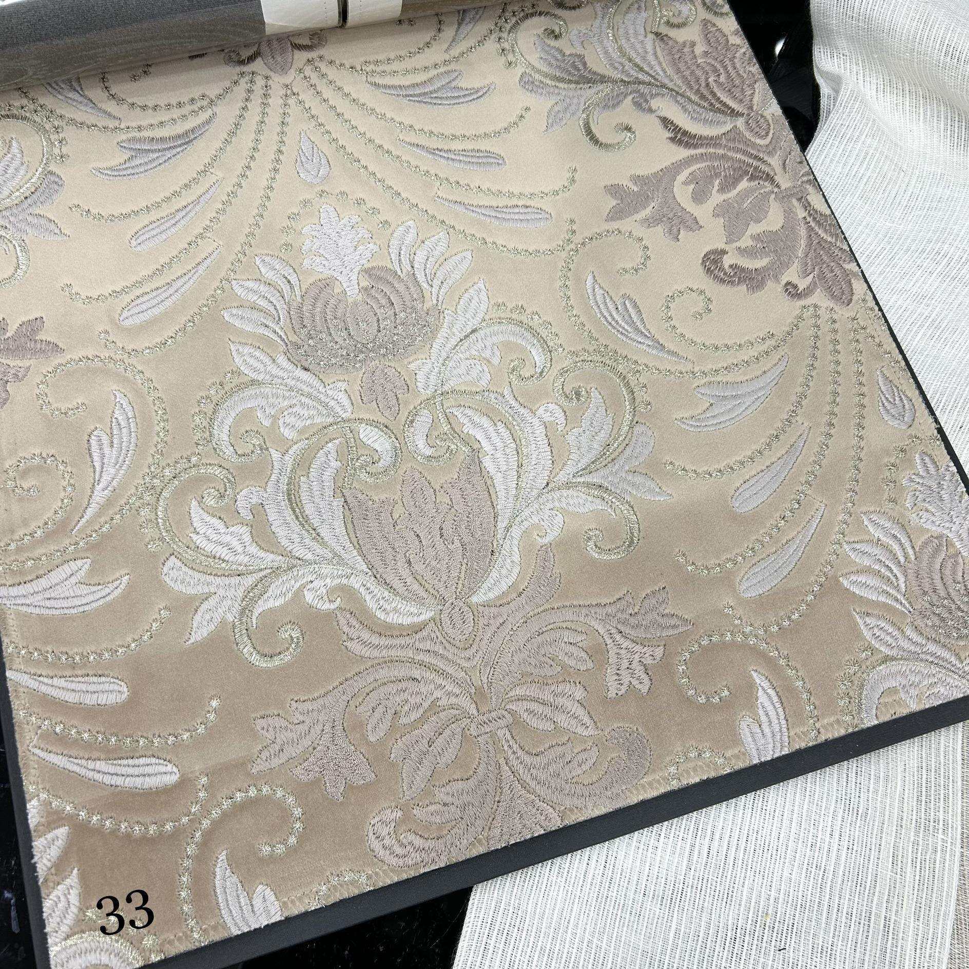 门幅140cm欧式绣花满绣绒布米色灰色高窗别墅挑高窗帘布绣花布