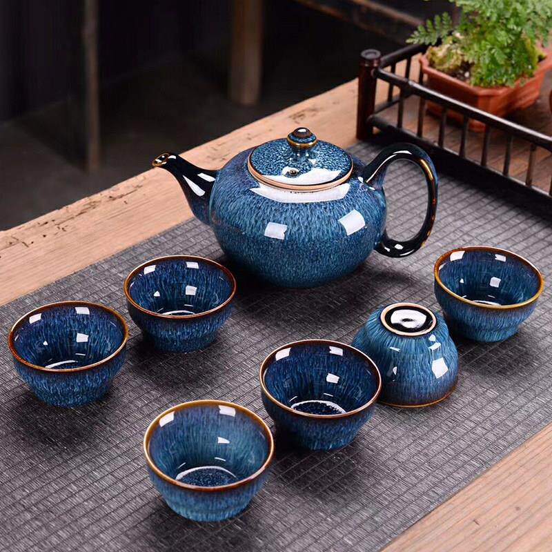 大号水具套装家用客厅功夫茶水杯陶瓷窑变覆古风拉丝泡茶壶礼品