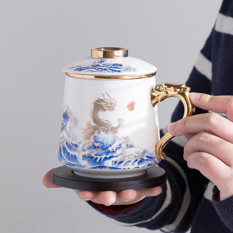 陶瓷马克杯带盖子茶水分离杯羊脂玉瓷办公室水杯家用白瓷过滤泡茶