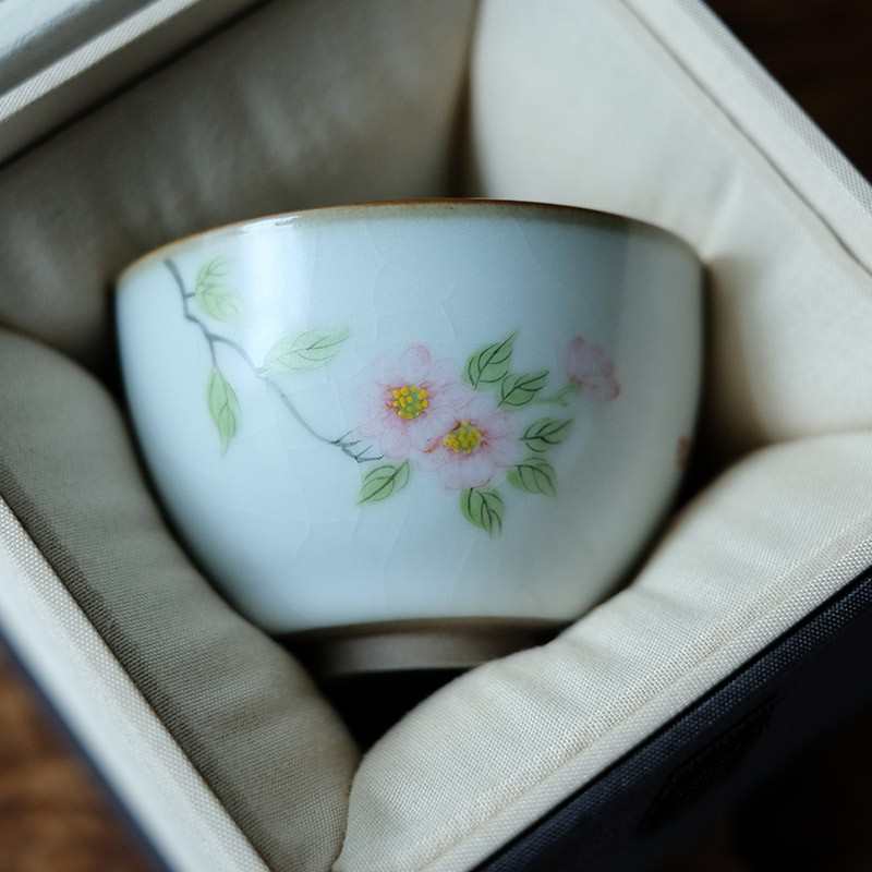 景德镇釉上粉彩手绘水点桃花汝窑开片釉茶杯功夫茶具复古粗陶主人