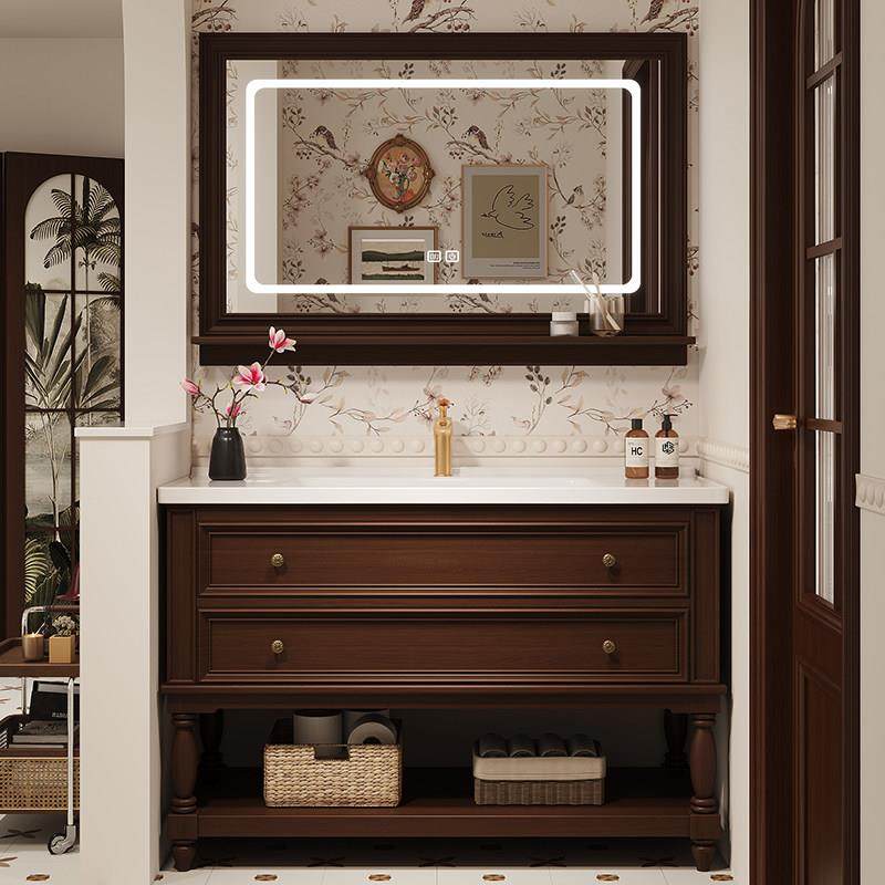 美式橡木浴室柜组合落地式洗脸洗手面盆池洗漱台卫生间卫浴柜定制