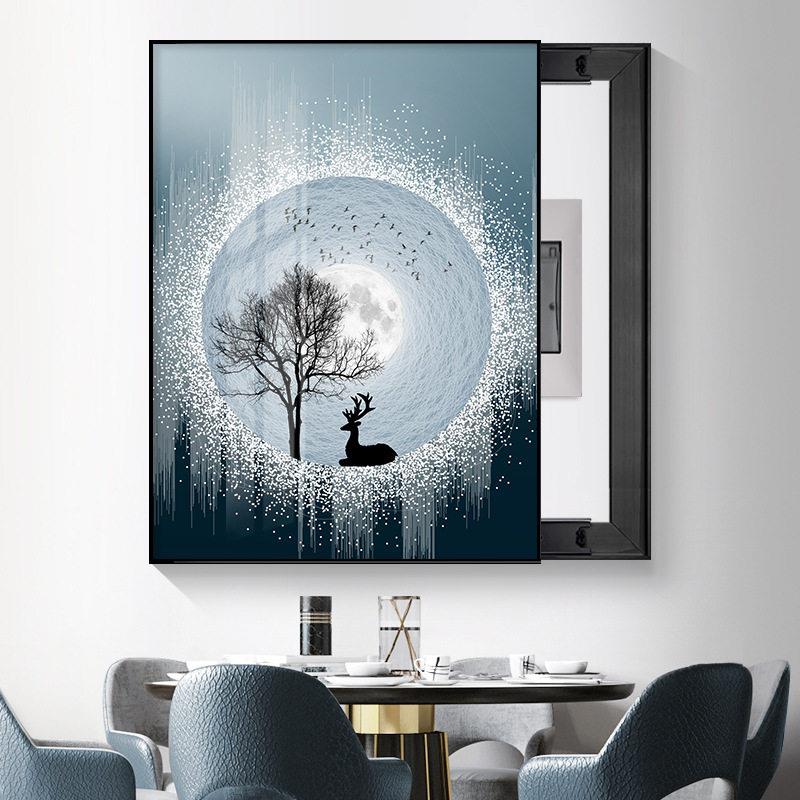 电表箱装饰画遮挡配电箱挂画推拉轻奢晶瓷福鹿电闸壁画免打孔竖款