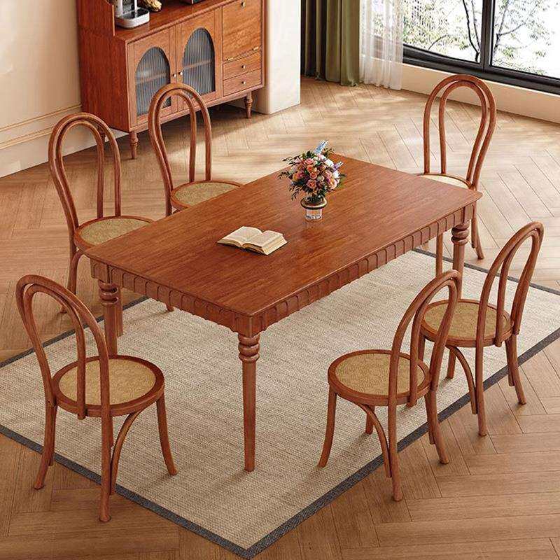 中古风实木餐桌椅组合法式小户型美式简约家用胡桃木色长方形饭桌