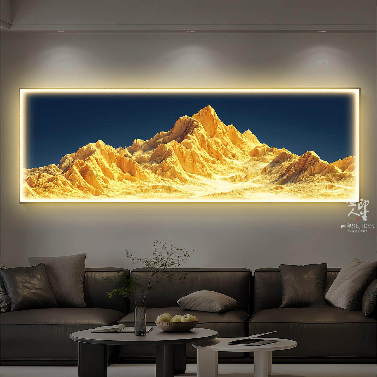 现代简约日照金山装饰画客厅沙发背景墙LED灯带立体挂画