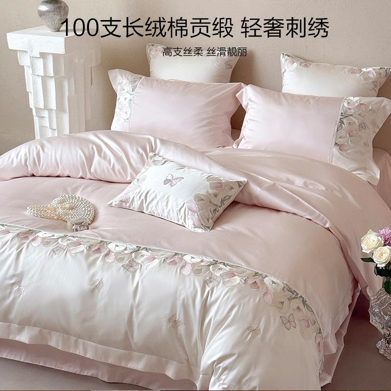 法式风长绒棉四件套100s浪漫花卉蕾丝被套纯棉刺绣床上用品