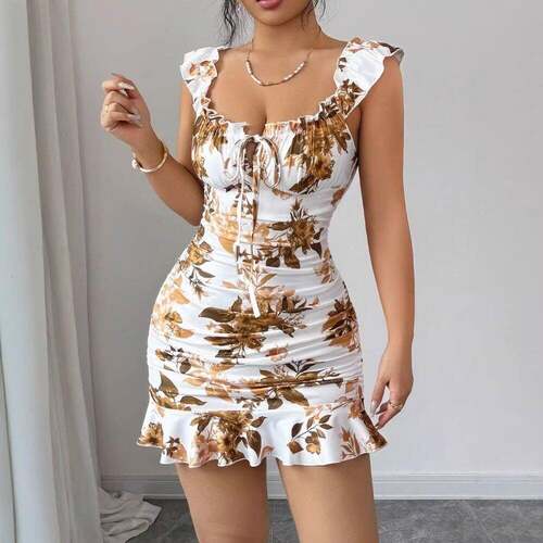 Women'S Vintage Floral Print Ruffle Hem A-Line Dress,,
