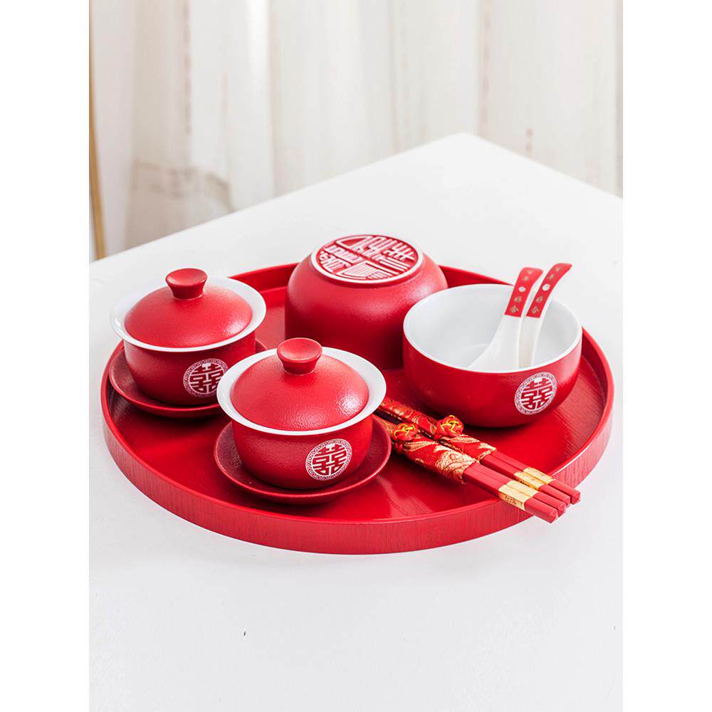 采购产品婚礼碗，陶瓷饭碗，婚礼用品，新娘的嫁妆碗和筷子套，中