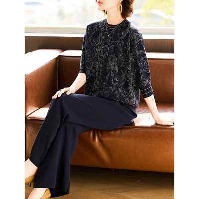 妈妈秋装休闲运动套装2025新款中老年女春秋季针织冰丝上衣两件套