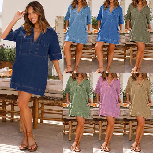 Womens Denim Shirt Dress Long Sleeve V Neck Loose Casual