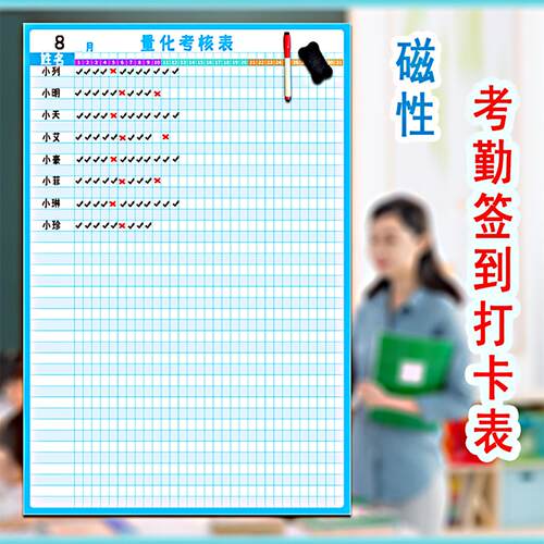 磁性考勤签到打卡表墙贴可擦写重复使用办公学员出勤量化公示白板