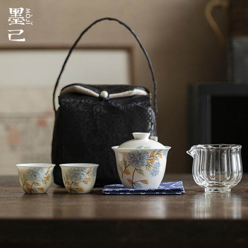 墨己便携式旅行茶具套装手绘盖碗茶杯整套功夫茶具收纳袋茶事包