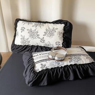轻奢加宽黑色花边包边水洗棉四件套1.5床单被套三件套宿舍1.8套件