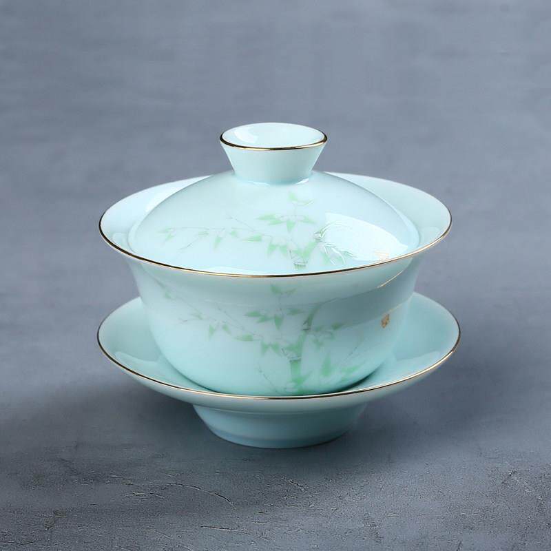 影青陶瓷三才盖碗茶杯单个茶具白瓷三炮台功夫泡茶碗带盖防烫大号