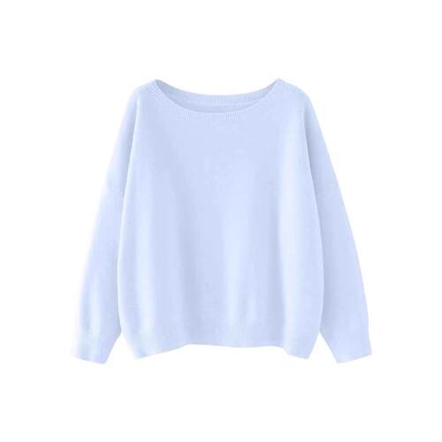 Women Plain Drop Shoulder Boat Neck Sweater Casual Sleeve
