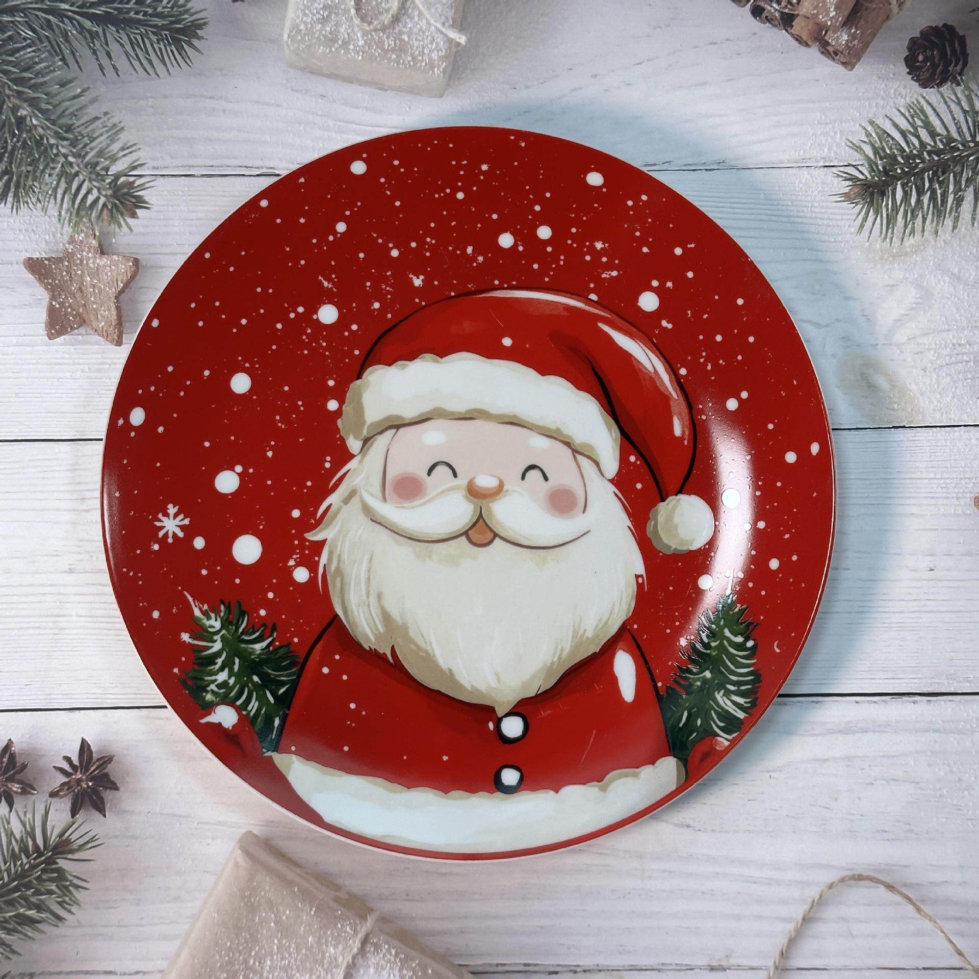 圣诞盘子美式陶瓷餐盘创意圣诞盘子釉下彩平盘圆形家用点心盘装饰