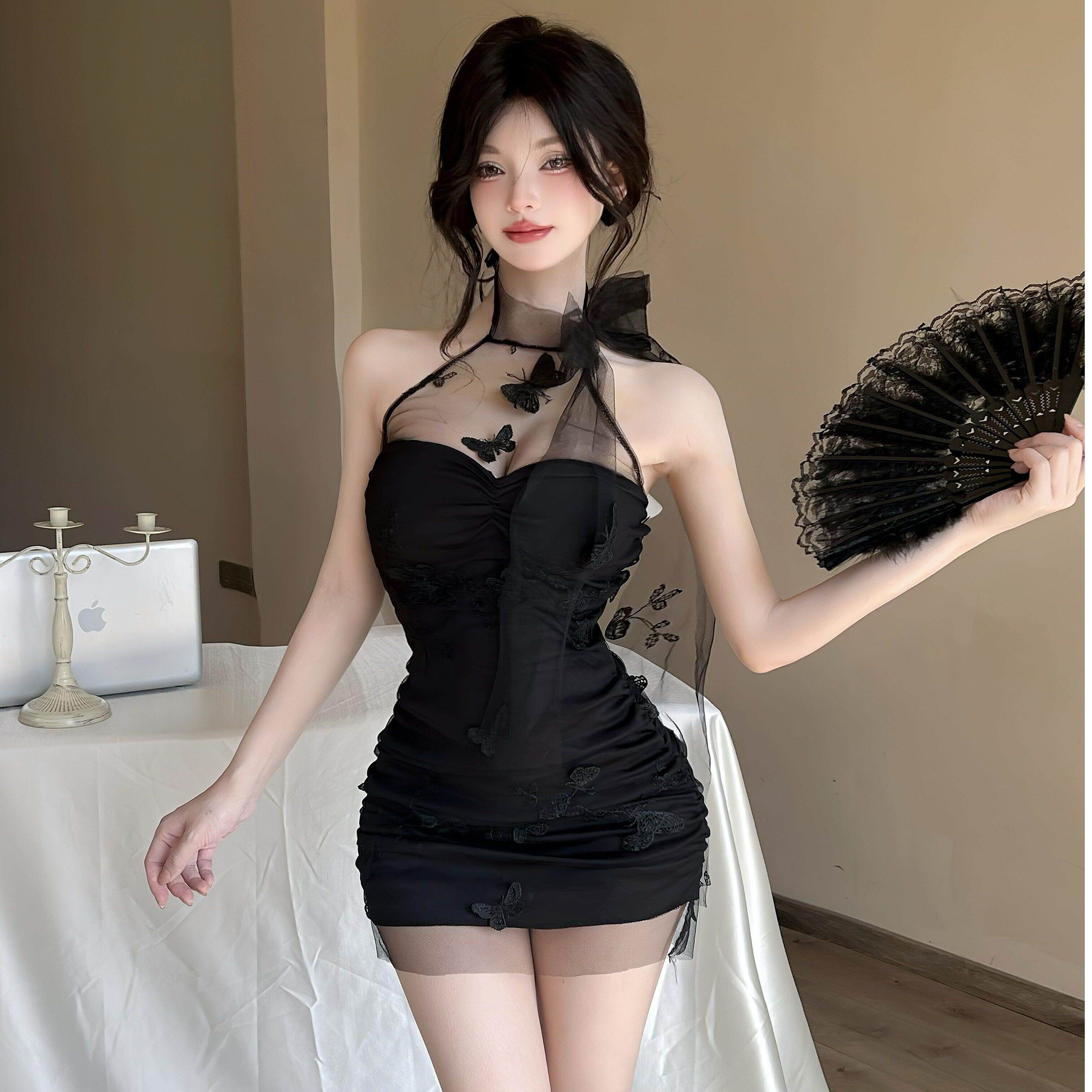 时尚性感挂脖吊带连衣裙辣妹纯欲风印花改良旗袍裙短款夜场技师服