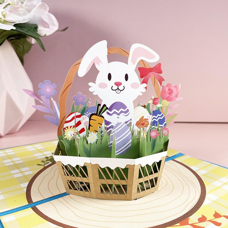 新款复活节创意贺卡3D立体纸雕兔子花篮个性祝福卡片