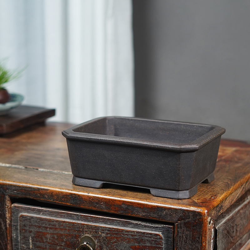 玖紫轩精品紫砂花盆宜兴绘长方马槽古铜泥盆景盆古典假山桌面包邮