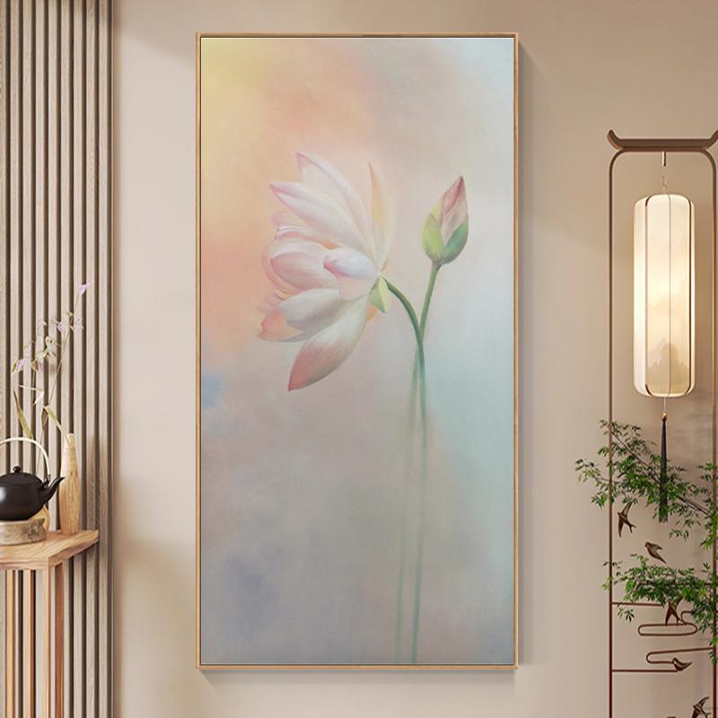 纯手绘油画玄关入户走廊荷花新中式花卉挂画现代莲花装饰画竖版图片