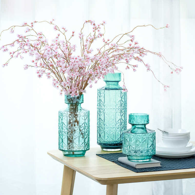 原色加厚容器厂家玻璃摆件批发装饰浮雕花瓶北欧马德里水培插花