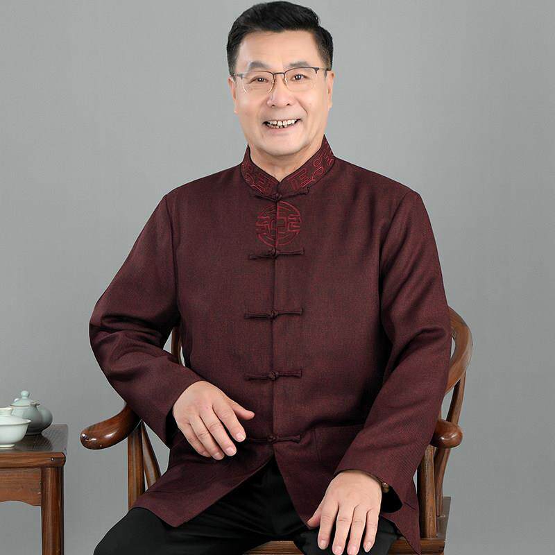 高档中老年人唐装男士秋季夹克爸爸装生日喜庆衣服外套中式套装男