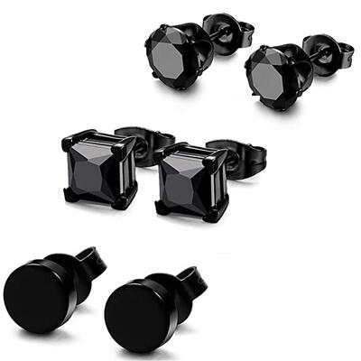 3 Pairs Stainless Steel Black Stud Earrings for Men Women CZ