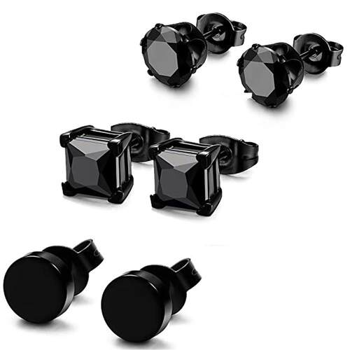 3 Pairs Stainless Steel Black Stud Earrings for Men Women CZ