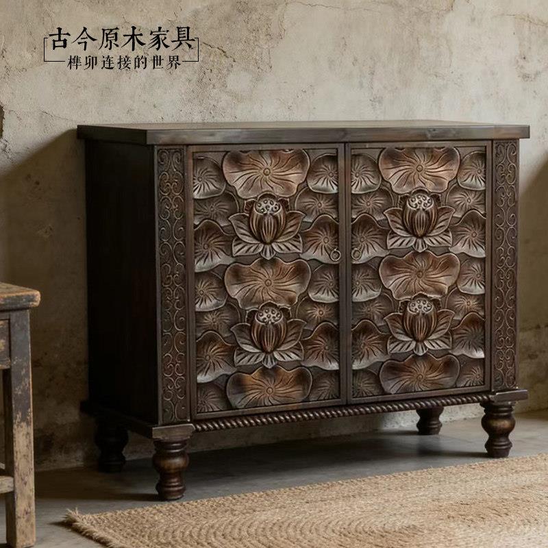 东南亚风格实木雕花储物装饰柜古今原木家俱TV148-30中式玄关柜