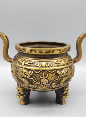 仿古黄铜香炉 黄铜弯耳龙纹香炉二龙戏珠香炉摆件