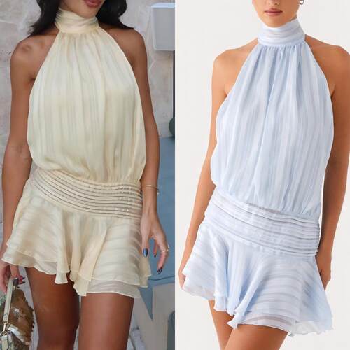 Women'S Pleated Waist Sheer Mesh Ruffle Mini Dress Summer