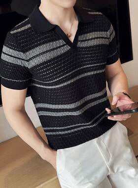 短袖夏季轻奢型男镂空条纹针织T恤男士修身提花V领翻领拼色0709d