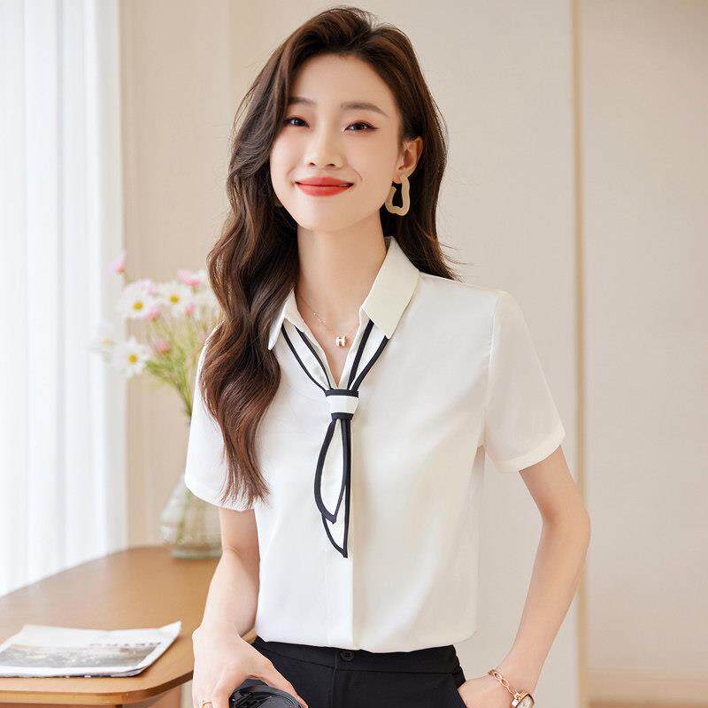 醋酸缎面白色衬衫女短袖上衣夏季薄款2026新款气质工装衬衣工作服