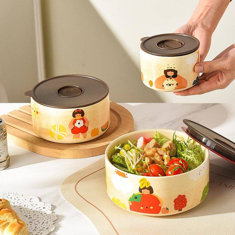 鲜碗密封碗陶瓷饭盒饭碗带盖上班可微波加热餐碗可爱水果便当盒