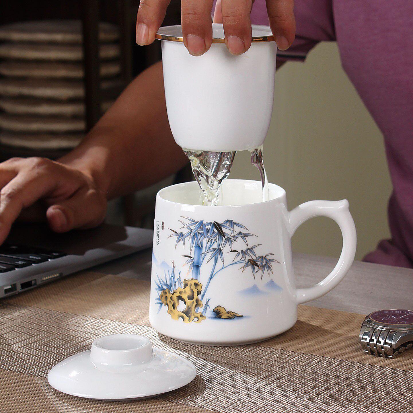 茶杯茶水分离陶瓷过滤杯子带盖大容量水杯羊脂白瓷杯办公室泡茶杯