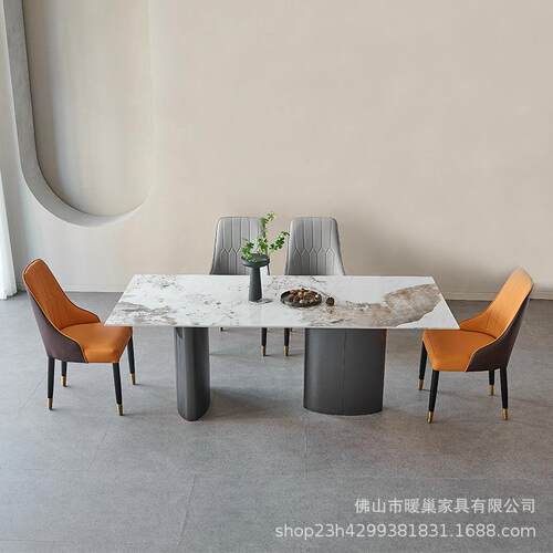 轻奢亮光岩板餐桌现代简约商用餐桌家用长方形高级餐厅餐桌椅组合