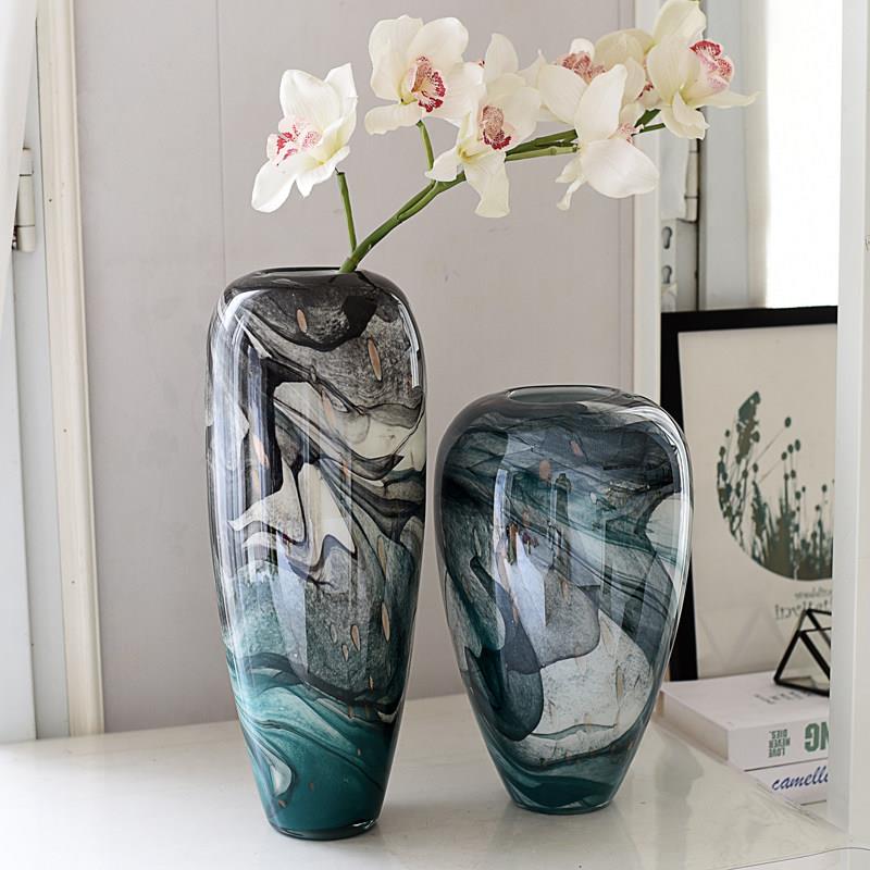 现代轻奢水墨画琉璃花瓶艺术摆件玄关餐桌装饰客厅插花花器样板间