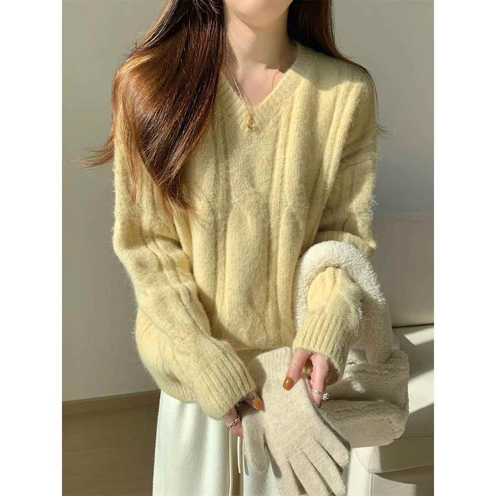 麻花V领针织毛衣女宽松套头慵懒风春秋新款加厚打底衫韩版上衣