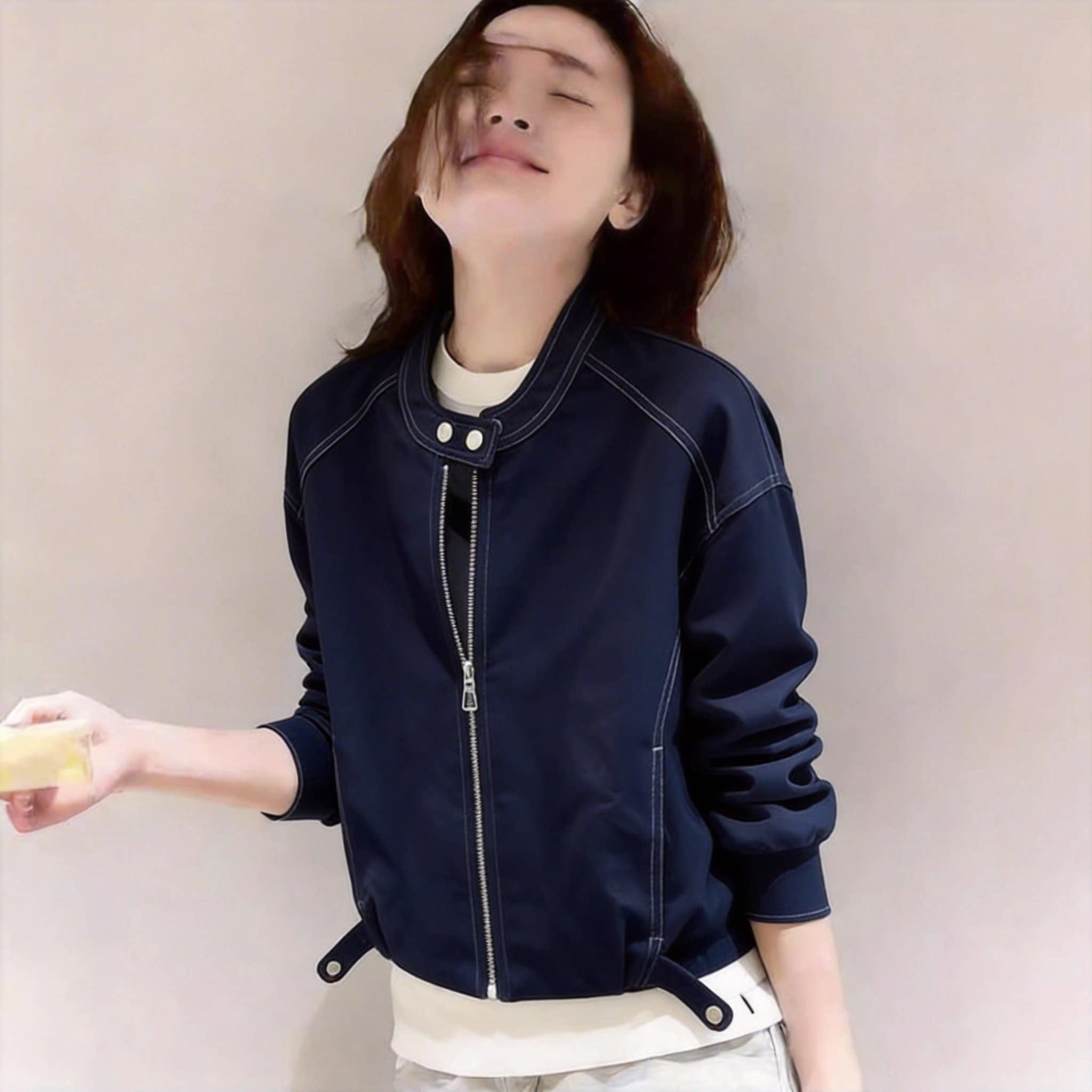 韩版小个子撞色明线立领牛仔外套女春秋时尚修身拉链机车风短夹克