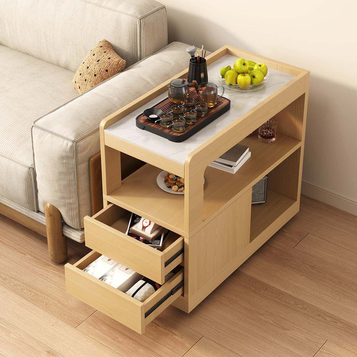可移动茶几实木沙发侧边柜岩板边几带轮小户型客厅茶台2026新款