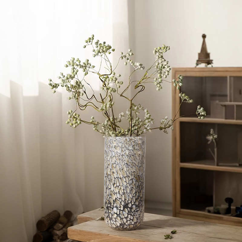 大秀家居 大理石鹅卵石直筒柱状水培玻璃花瓶样板间花器软装饰品