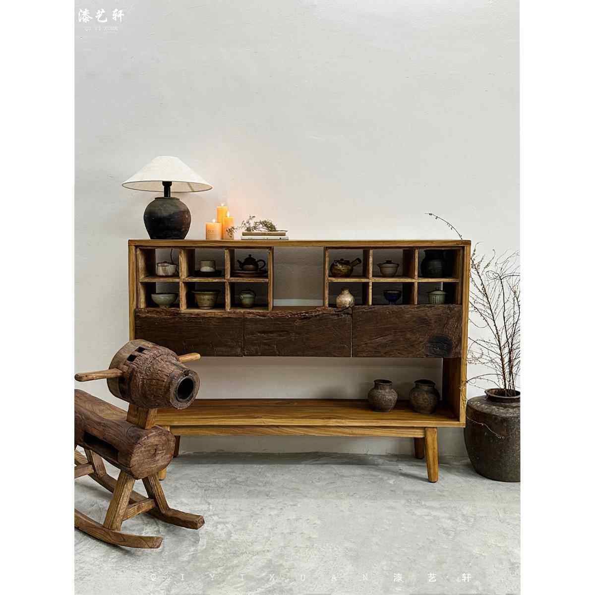 侘寂风茶杯架博古展示架边柜实木储物架餐边柜民宿茶室新中式家具