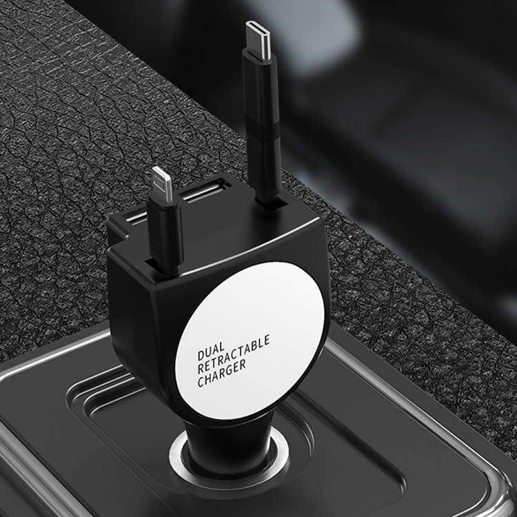 QC3.0闪充车载充电器自带伸缩数据线三合一双USB数据线点烟器快充