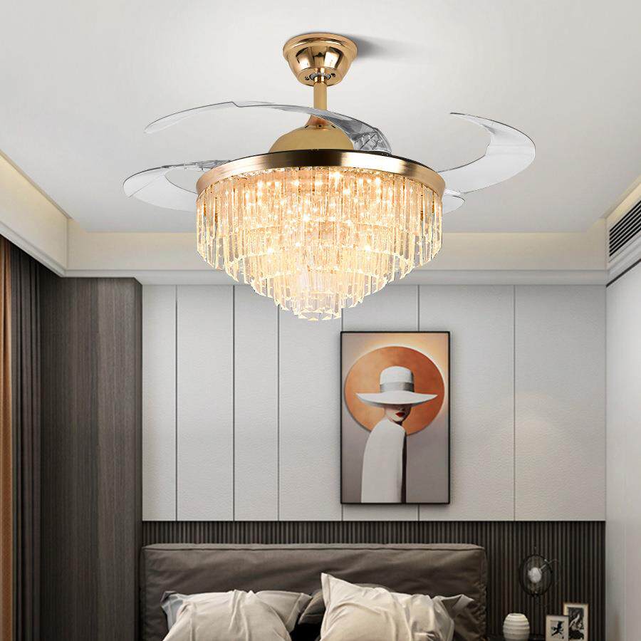 客厅隐形吊扇灯餐厅吊灯带风扇高档水晶风扇灯二合一变光风扇一体