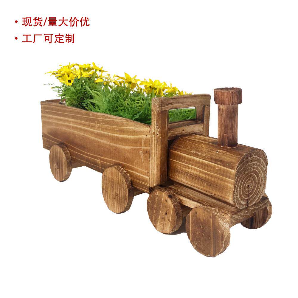跨境Temu亚马逊卡通个性手工花盆火车花盆栽多肉透气木质装饰花盆