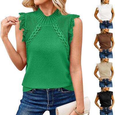 Womens Sleeveless Sweater Vest Mock Neck Cable Knit Fringe