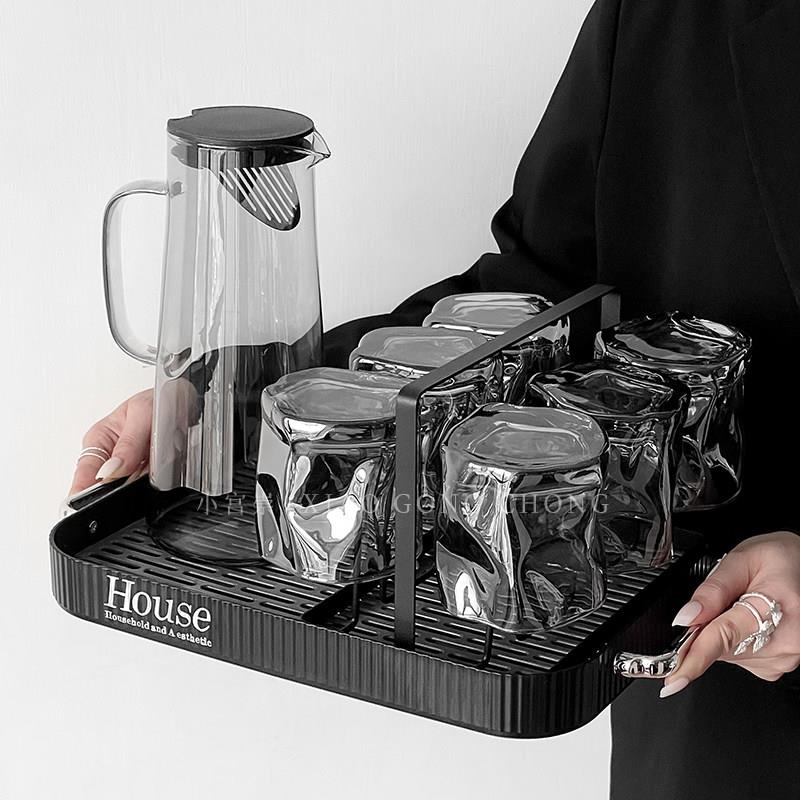 轻奢玻璃杯套装家用高级感水杯沥水盘简约现代冷水壶茶杯待客杯子